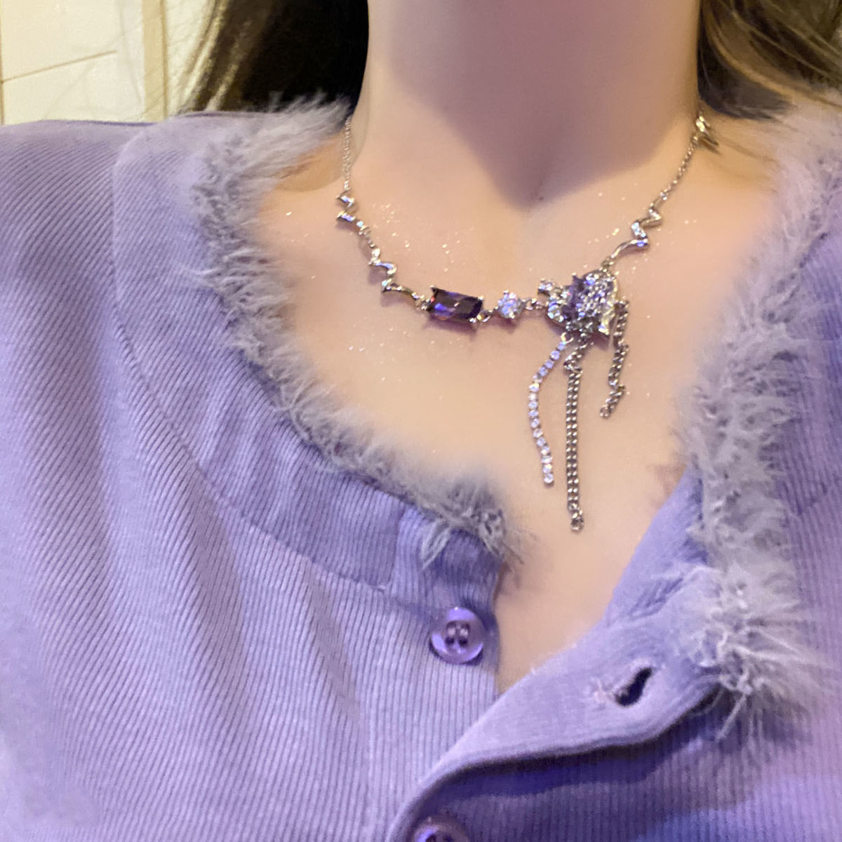 Catch Ephemera Ins Original Taiku Hot Girl Y2g Purple Zircon Pleated Heart Necklace Female Clavicle Chain Female