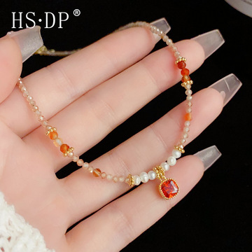 小众时尚轻奢淡水珍珠锆石方钻吊坠项链女设计感水晶串珠锁骨链