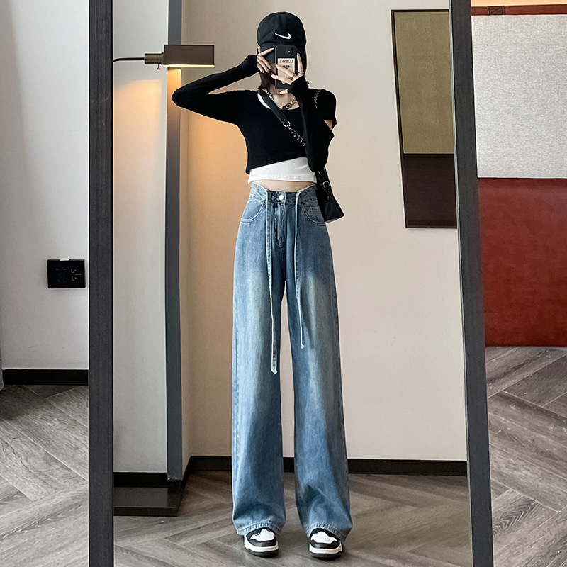   Drawstring Vintage Jeans Women Fall High Waist oose and Slimming Daddy Pants Straight-eg Trousers Mop Pants Wide-eg Pants