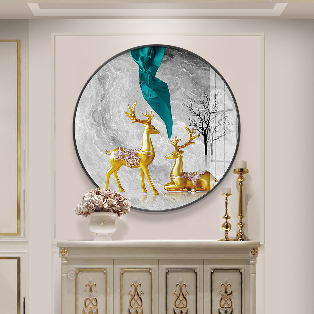 金鹿招财现代轻奢圆形铝合金框客厅沙发背景墙装饰画壁画玄关挂画