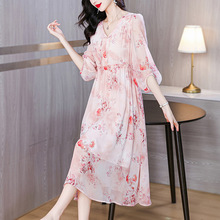 TLY新中式雪纺印花连衣裙女夏季新款气质收腰显瘦温柔风长裙子