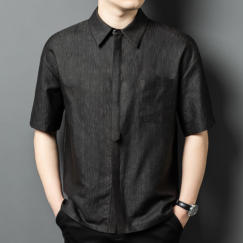 新款桑蚕丝男士香云纱短袖衬衫宽松翻领中年休闲丝绸透气男装简约
