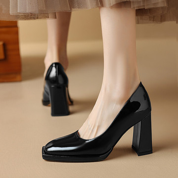 优雅女鞋秋冬季新款鞋子方头粗跟高跟鞋简约四季通勤正装浅口单鞋