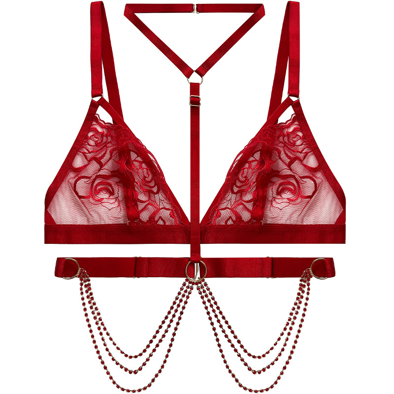 Sexy See-through Sexy Lingerie Women's Triangle Circumference T-Back Collar Birth Year Red Rose Embroidered Bra 72109