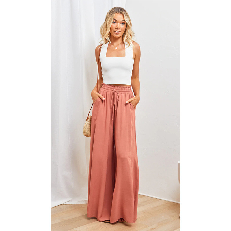 Europe and America Cross Border Summer New Women's Wide-Leg Pants Elastic Waistband Wide Leg High Waist Long Culottes for Women