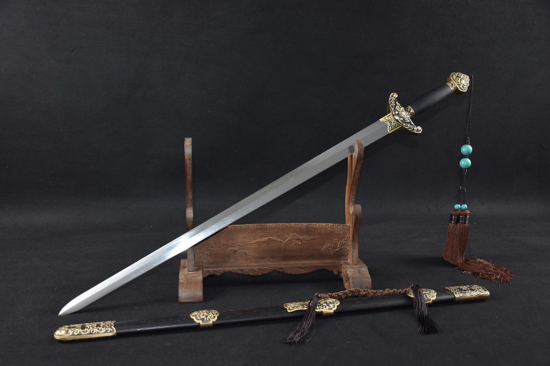 龙泉华影刀剑花纹钢传统剑宝剑手工锻打硬剑工艺品冷兵器未开刃