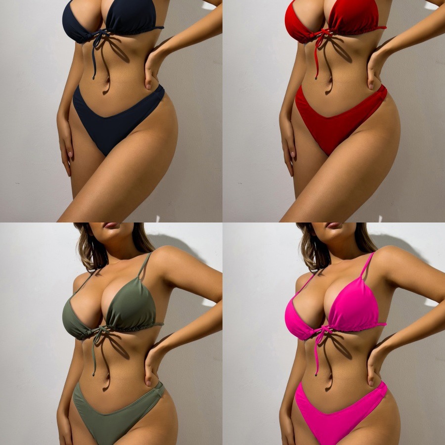 新款bikini泳衣欧美外贸跨境性感聚拢纯色分体比基尼品质游泳装女