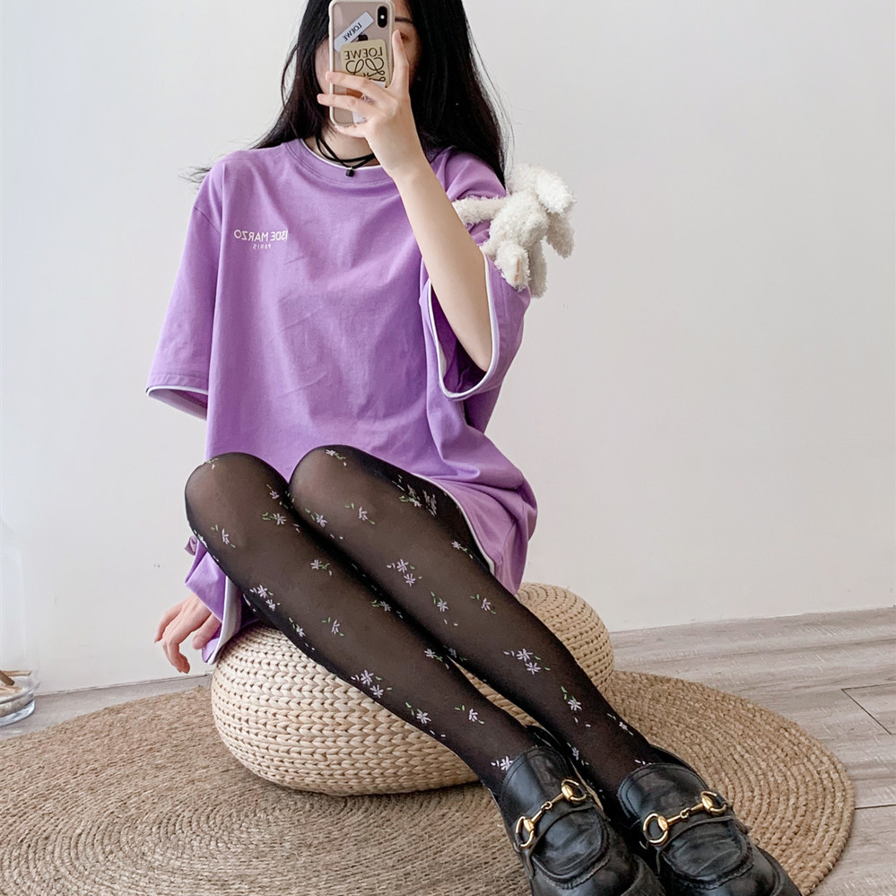 薄款透明丝袜 小清新植绒粉碎花连裤袜日系奶白色复古提花丝袜女