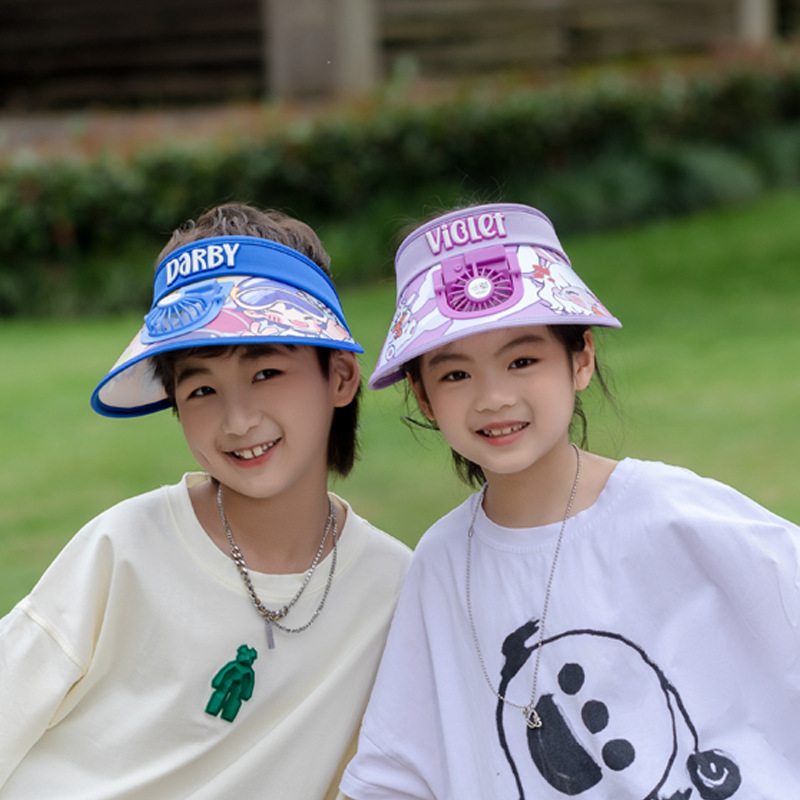 Children's Hat Topless Hat Summer Sun Protection Belt Cap with Fan Kid Cartoon Cute Sunhat One Piece Dropshipping