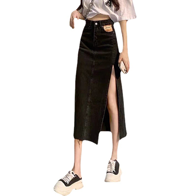 Retro Slit Denim Skirt for Women 2022 Autumn New Korean Style Mid-Length High Waist Slimming Student A- line Skirt