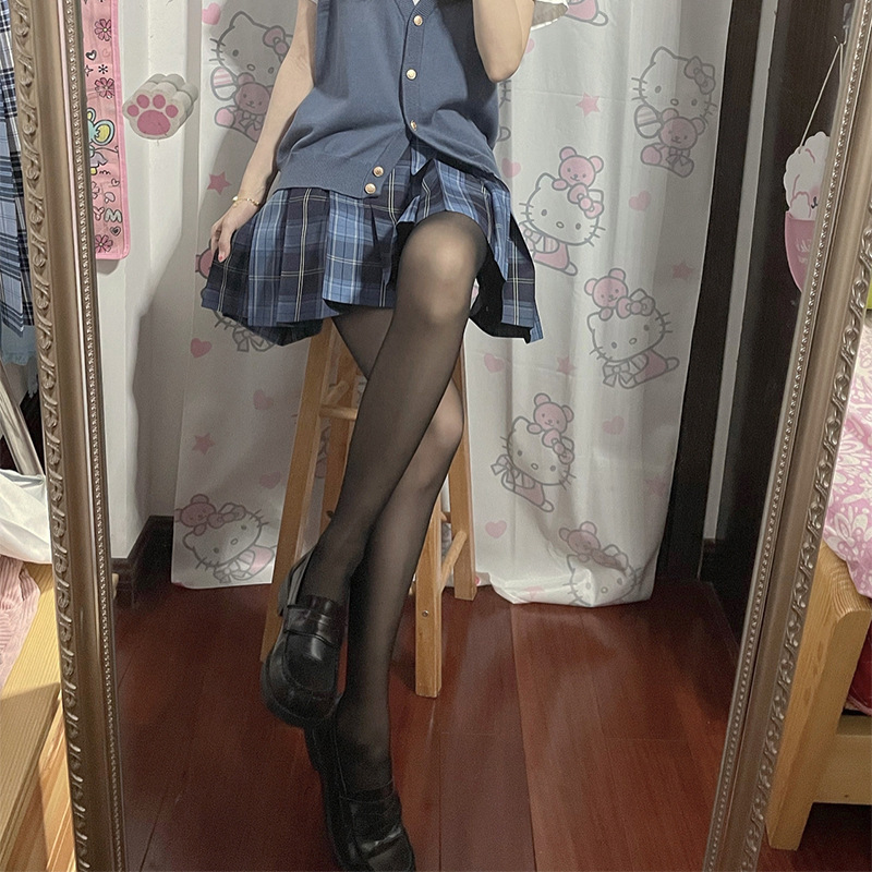 Velvet Black Silk Stockings Plaid Skirt with Hot Girl Senior Sister JK Pure Desire Spring and Autumn Black Sexy Panty-Hose Micro Pressure Stockings