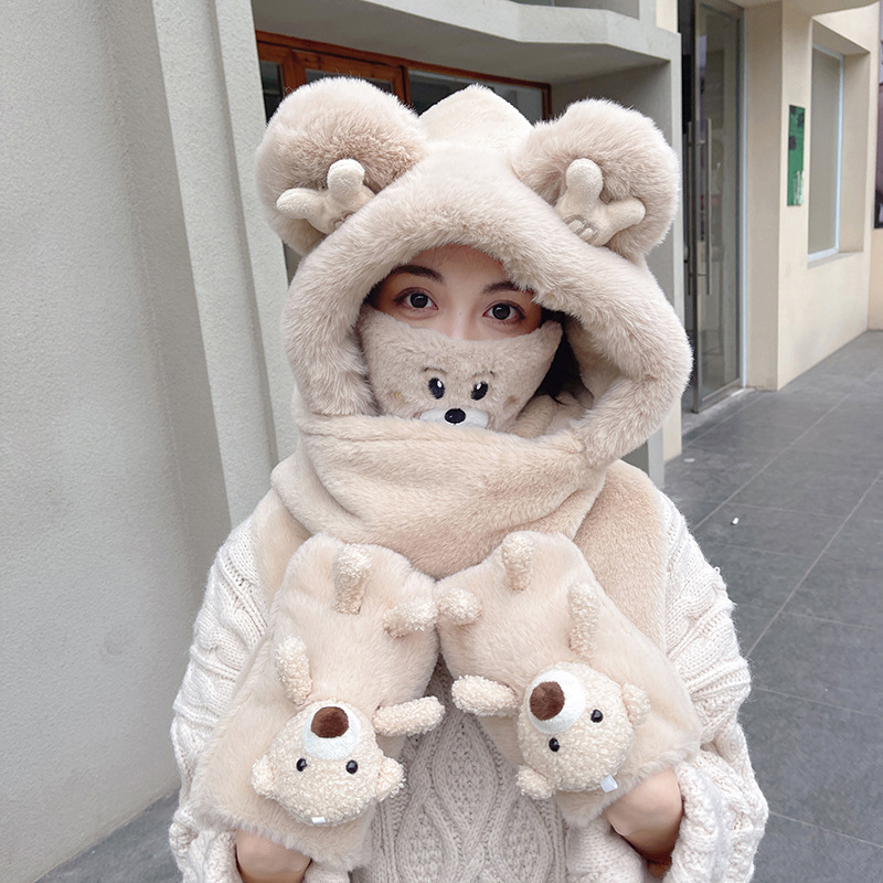 Cute Bear Mask Hat Scarf Integrated Female Cold Protection in Winter Plush Hooded Warm Scarf Gloves Three-Piece Set