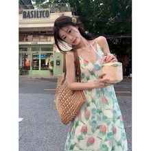 跨境晕染郁金香海边度假连衣裙女夏季绝美v领吊带裙甜美沙滩长裙