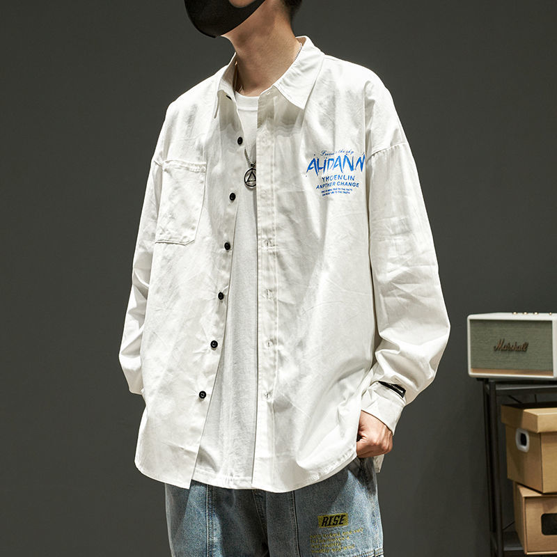 2022爆款长袖白衬衫男潮流帅气外穿ins大码胖子外套宽松衬衣百搭