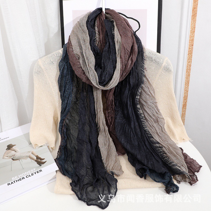 Colorful Pleated Cotton and Linen Scarf Women's Autumn and Winter Warm-Keeping and Cold-Proof Neck Protection Scarf Silk Scarf Fashion Sunscreen Shawl Headcloth