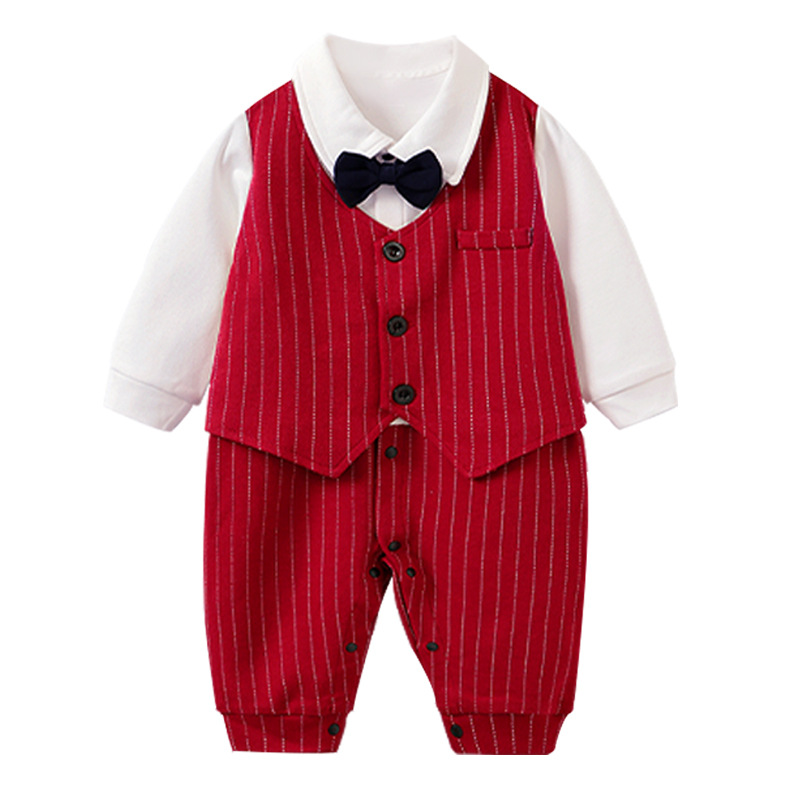 Baby Jumpsuit Spring and Autumn Red British Gentleman Suit Baby Clothes 100-Year-Old Banquet Evening Dress