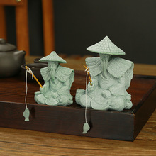 中式青砂石茶宠摆件禅意姜太公钓鱼翁茶桌茶盘微景观艺术装饰品