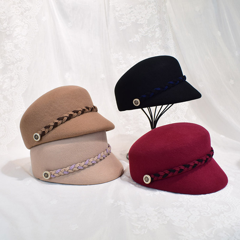 秋冬新款时尚羊毛呢帽子手工辫子马术帽女休闲平顶军帽逛街骑士帽