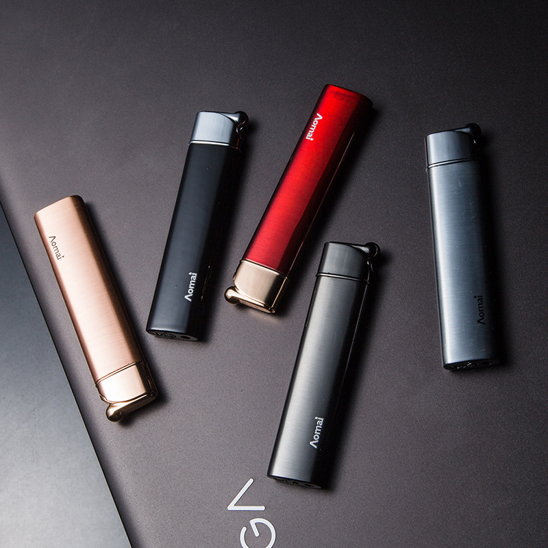 奥麦aomai直冲防风打火机电子红焰金属超薄充气个性男友am5101