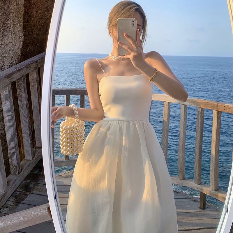2021超仙浪漫收腰欧根纱蓬蓬裙裹胸吊带打底裙连衣裙女三亚度假裙