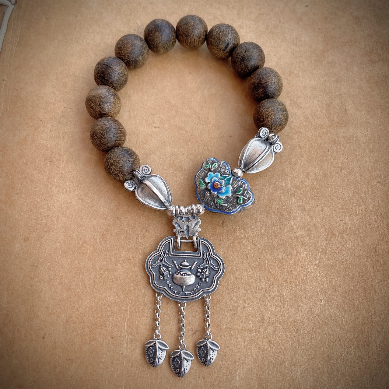 原创12mm沉香圆珠纯银流苏手串 复古国风老工艺银如意手链 个性