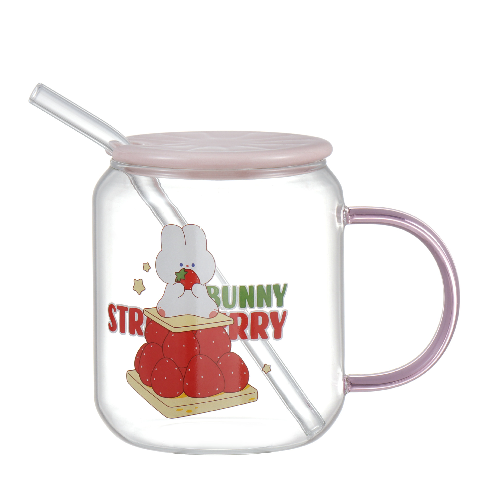 Strawberry Rabbit Cartoon Glass Cup Borosilicate Drinking Cup Straw Cup Milk Children Breakfast Cup Printed Logo