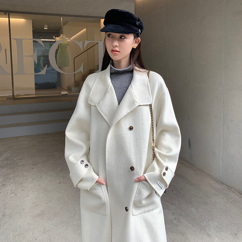 fu立领双排扣毛呢外套2023秋冬新款韩版宽松100羊毛双面呢大衣059