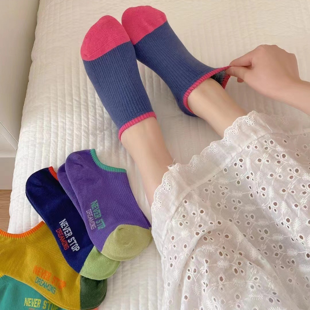 韩国进口新款船袜春夏薄棉防脱隐形女袜ins风拼色浅口潮女船袜