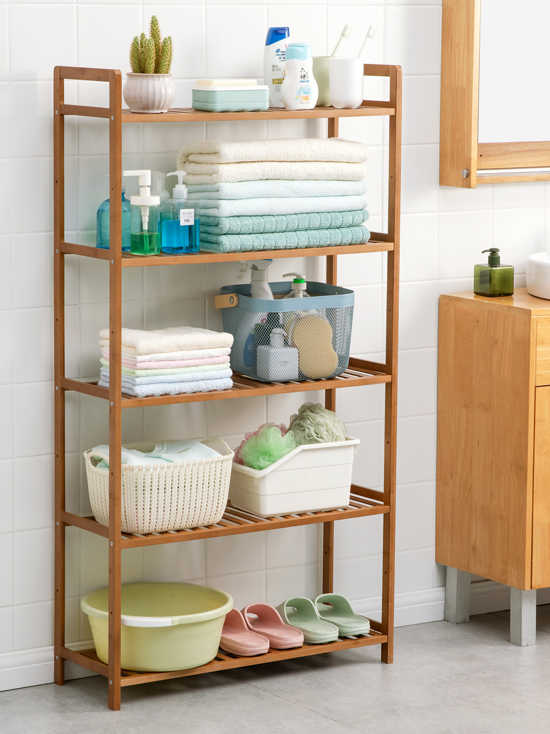 浴室置物架卫生间脸盆架厕所洗手间楠竹收纳架子多层三角架落地式