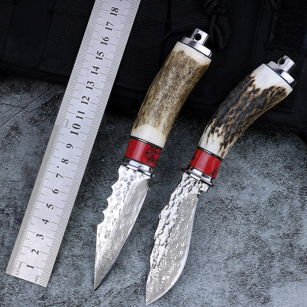 大马士革钢小刀手工锻打花纹钢直刀鹿角手柄户外猎刀收藏礼品刀具