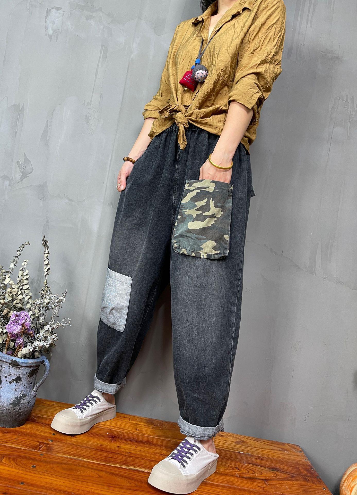 牛仔贴布松紧腰阔腿裤女 2022秋季新款宽松大码黑色哈伦长裤