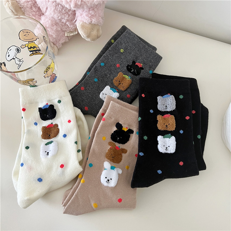 Women's Cartoon Cute Bear Socks Women's Socks Tube Socks Cotton Socks Ins Trendy Korean Style Colorful Polka Dot Long Socks Bunching Socks
