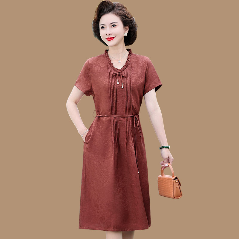 中老年女装妈妈夏装雪纺短袖连衣裙女2022新款阔太太洋气高贵裙子