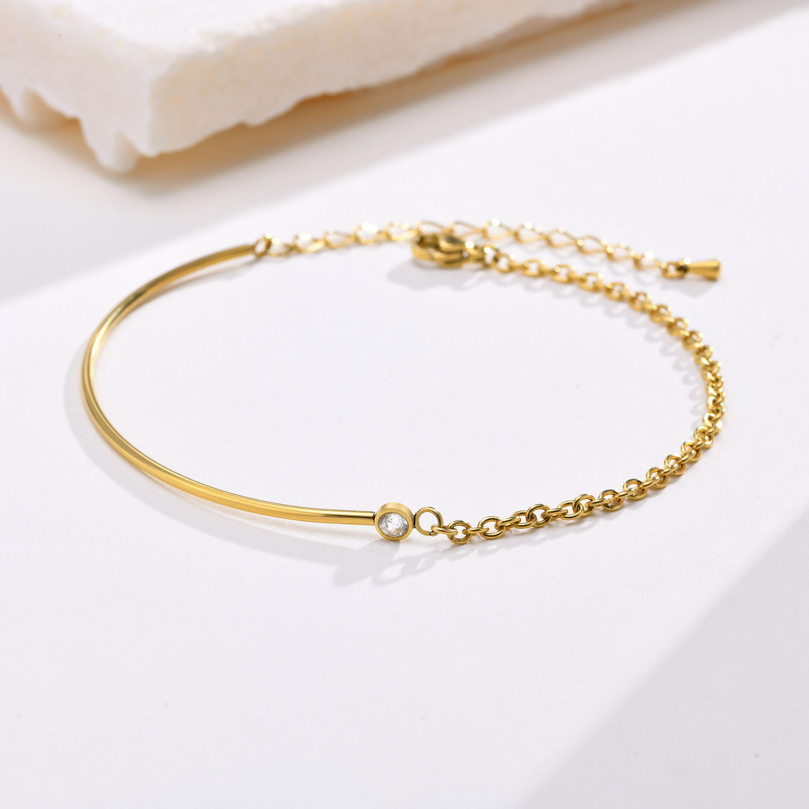 不锈钢单颗锆石手链金色半镯半链时尚简约手环手饰br-1536g-阿里巴巴