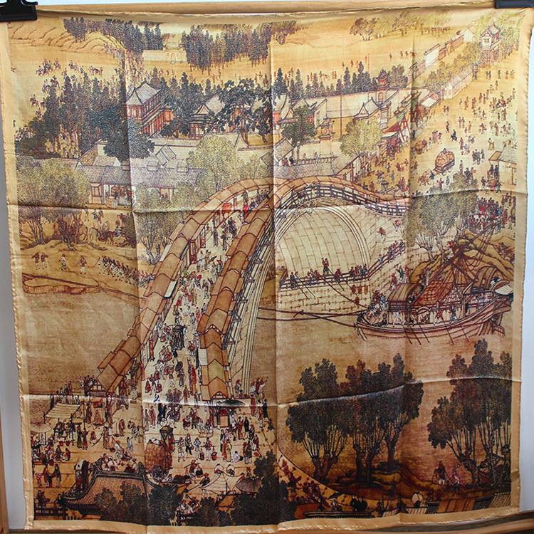 清明上河图110大方巾桑蚕丝真丝丝巾手工卷边素绉缎披肩防晒围巾