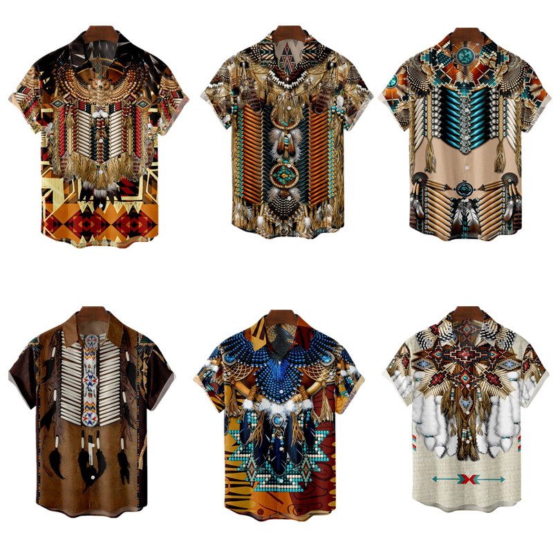 部落风格服装衣服羊头图案3d印花短袖衬衫休闲时尚男士可一件代发