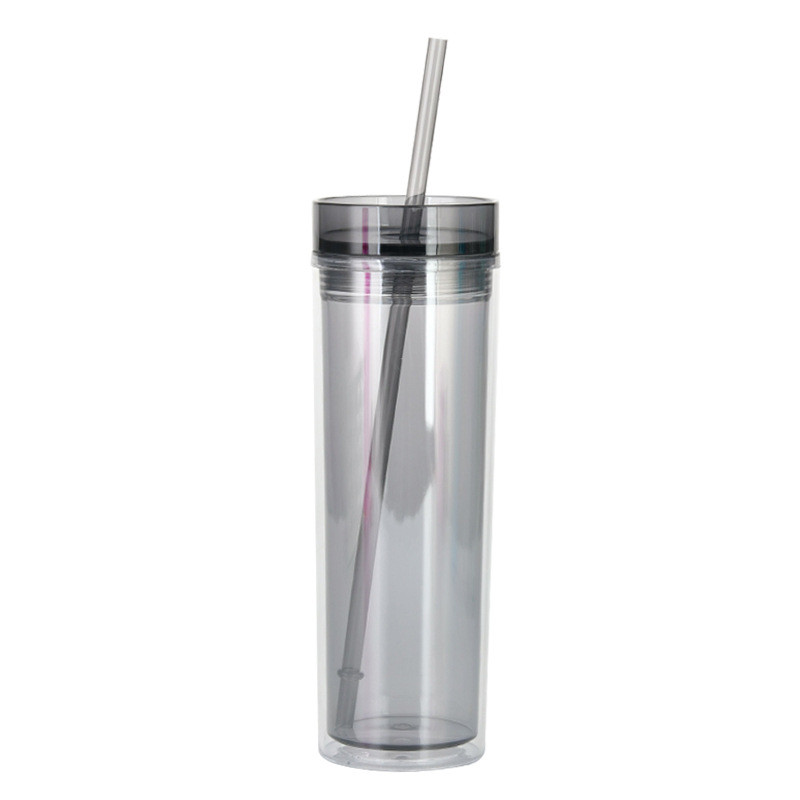 European and American Ins Style Fashion Water Cup Skinny Double-Layer Cup with Straw Transparent Tumbler with Straw Double Wall Water Bottle