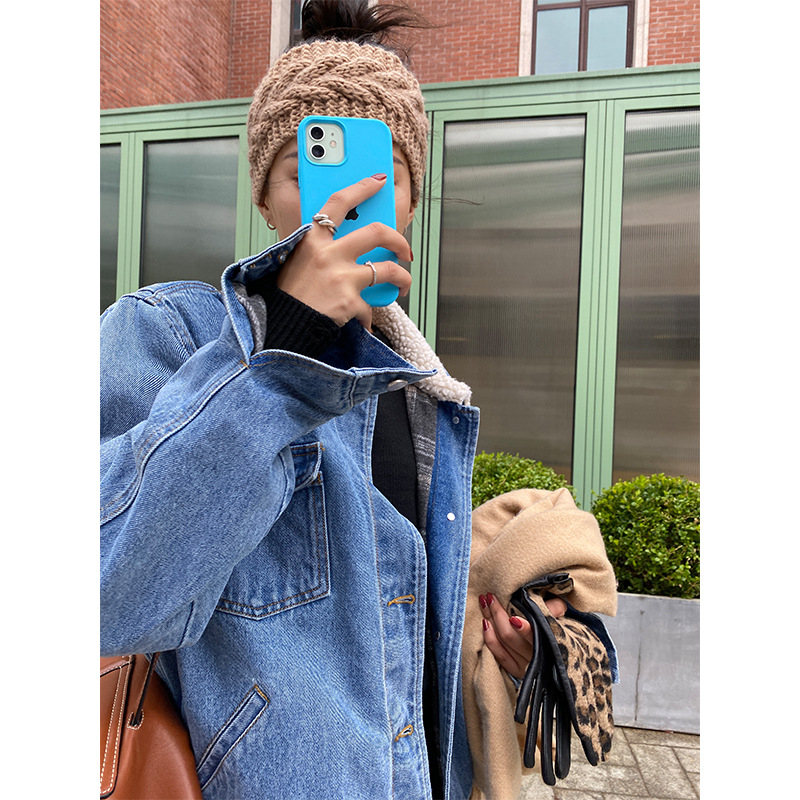 2021冬季新款欧美复古时髦宽松保暖羊羔毛领加厚牛仔外套夹克女