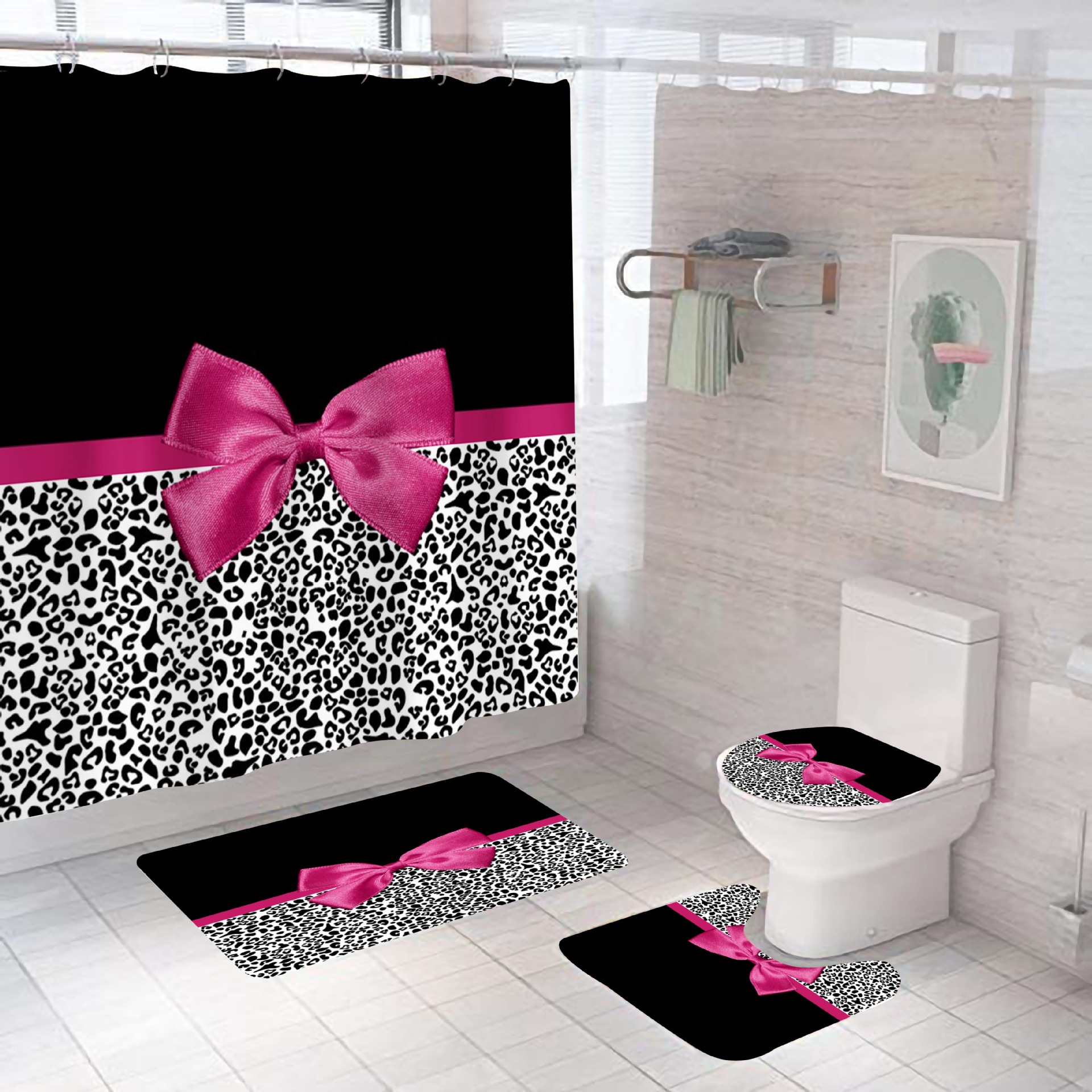 Amazon New Leopard Stripe Series Waterproof Polyester Shower Curtain Four-Piece Set Shower Curtain Sets