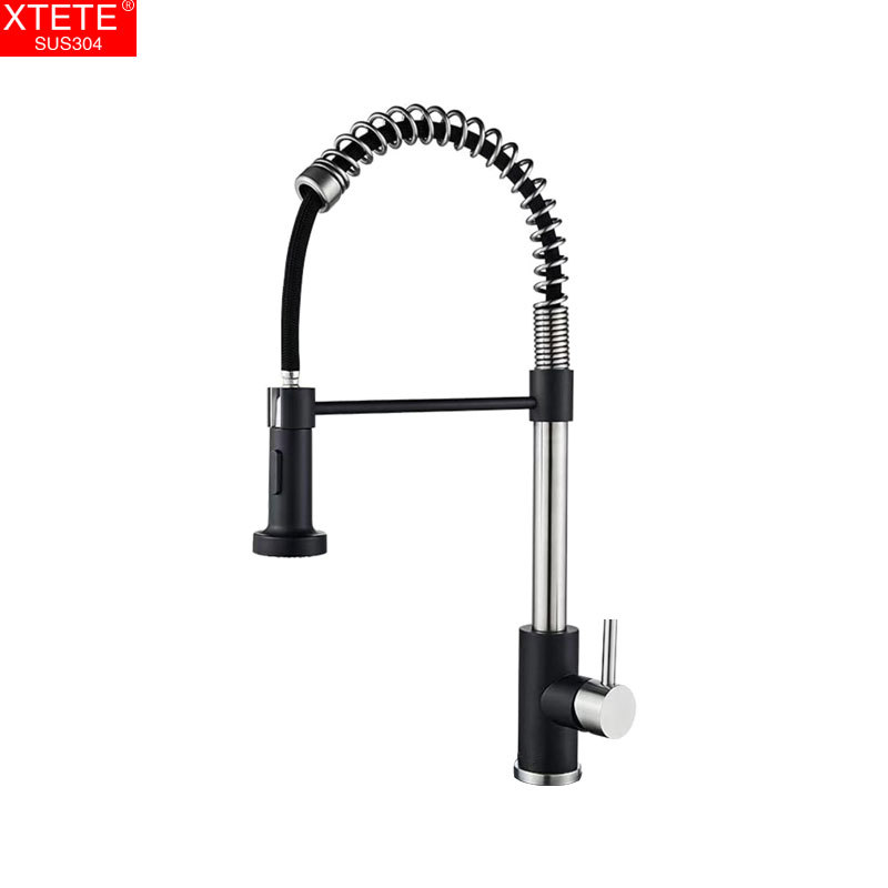 Cross-Border Manufacturers 304 Stainless Steel Electroplated Brushed Gold Black and White Vegetable Washing Basin Kitchen Pull-out Spring Faucet Water Tap