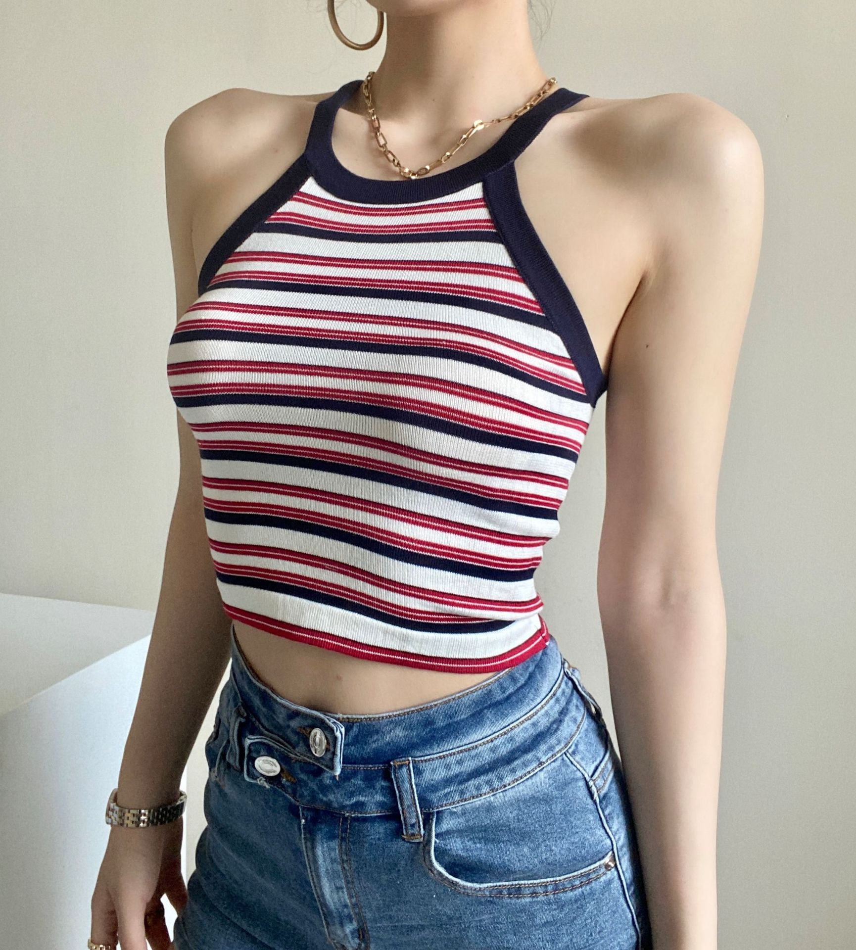 细针织彩色条纹背心女2021夏新款修身短款窄肩打底挂脖打底小背心