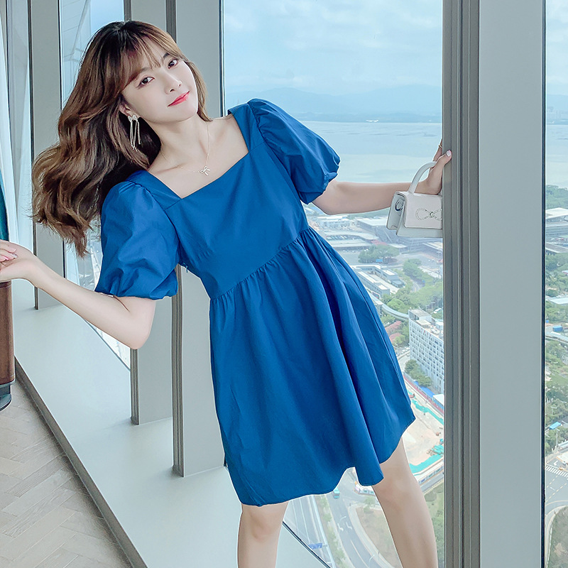 夏季蓝色泡泡袖连衣裙2021新款年小个子春夏春款女装方领裙子女夏