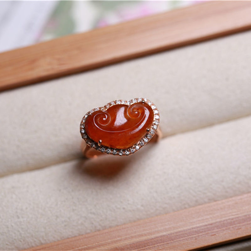 冰种红翡如意戒指手饰老坑天然缅甸玉镶嵌钻石女款订婚礼