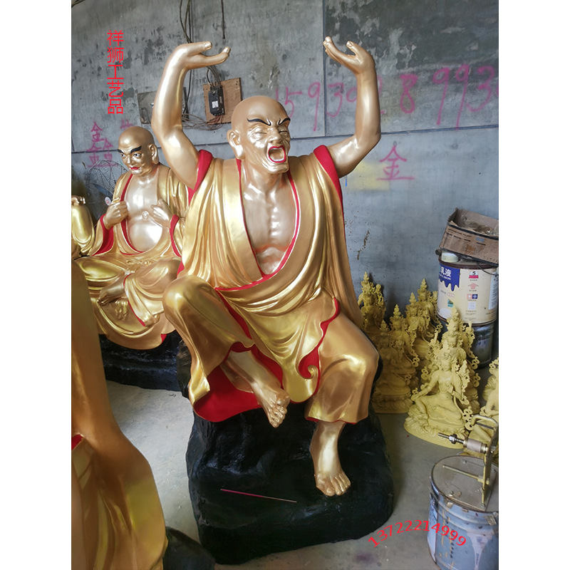 祥狮纯铜彩绘十八罗汉摆件家居寺庙客厅探手罗汉伏虎罗汉佛像批发