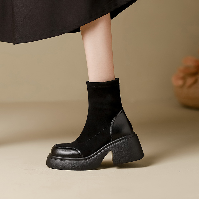 短靴女粗跟2024年新款秋冬季高跟鞋方头单靴女靴子马丁靴短筒女靴