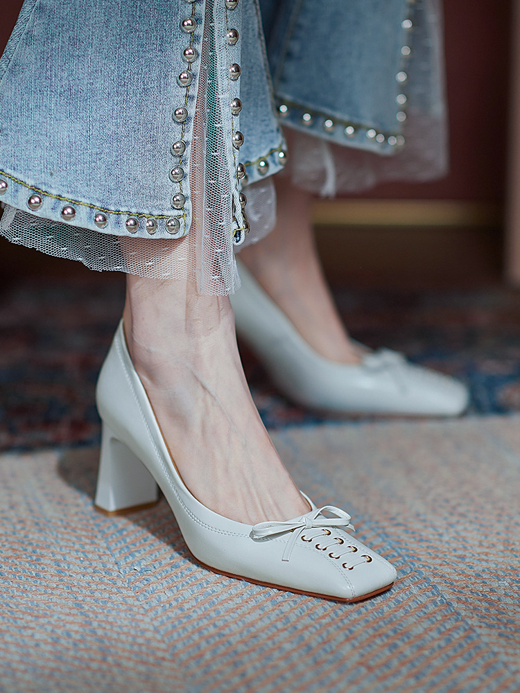 蝴蝶结方头玛丽珍鞋女2021早春季新款高跟鞋复古时尚粗跟单鞋