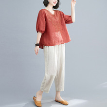 新款绣花妈妈洋气夏装中年时尚韩版套装女宽松两件套大码棉麻v领