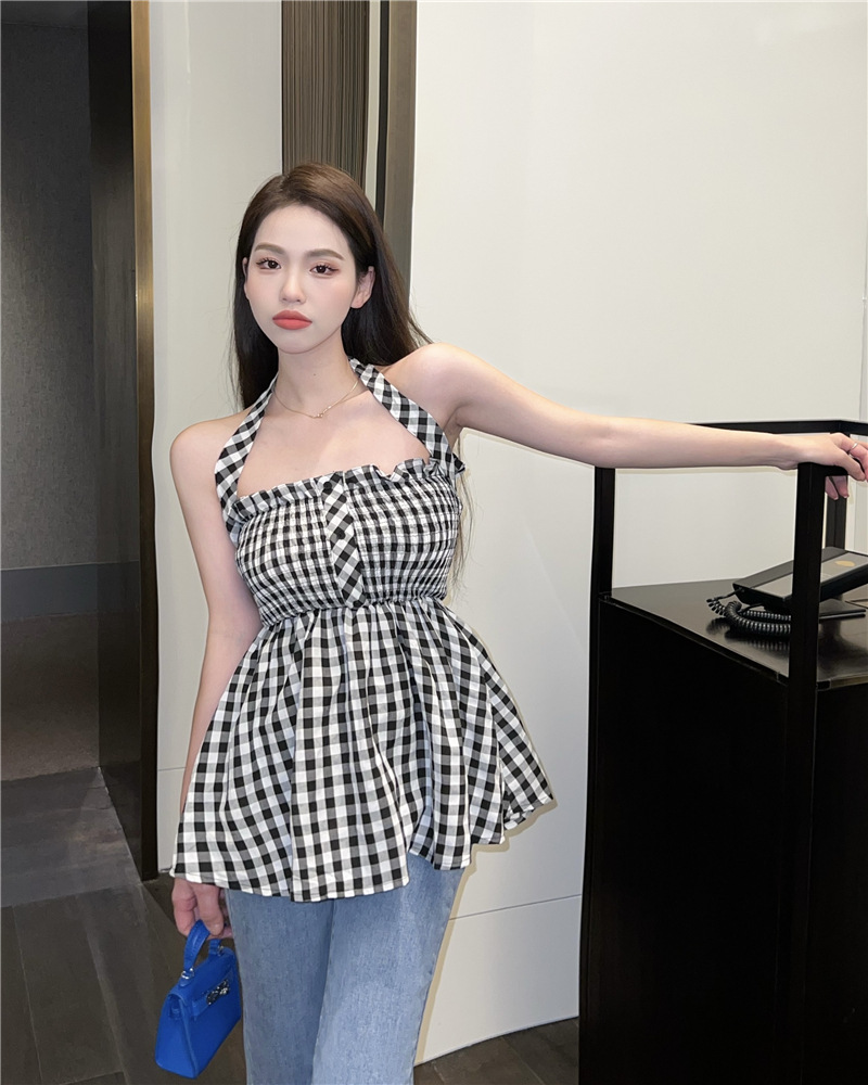 挂脖格子吊带背心女夏季新款外穿韩版收腰显瘦甜辣风薄款内搭上衣