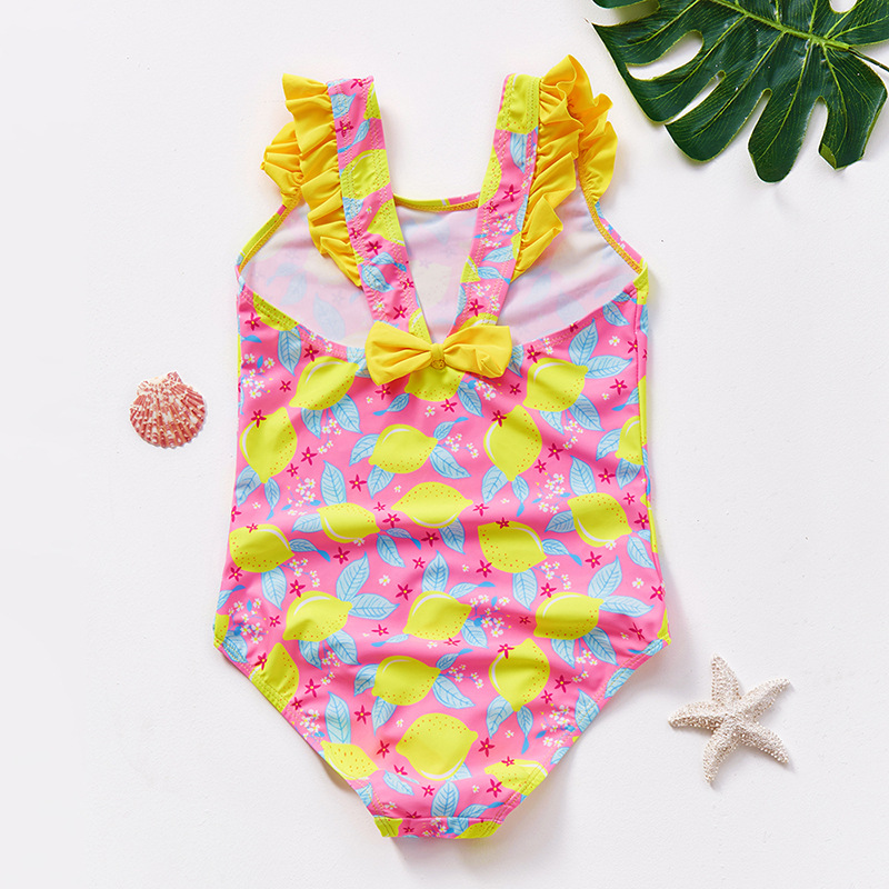 Spot Girl's Swimsuit Foundation Lemon Children Swimsuit Shoulder Strap Ruffled with Bowknot One-Piece Swimsuit
