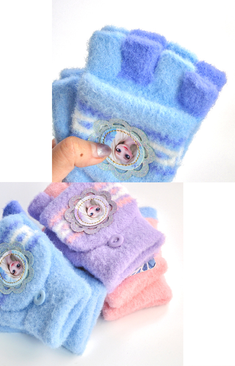 迪士尼正版授权冰雪奇缘2艾莎公主儿童秋冬毛线半截女童写字手套